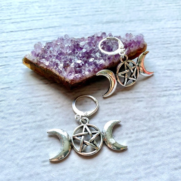 Pentagram & Triple Moon Pierced Hoop Earrings - Picture 3 of 3